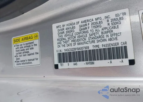 2009 Honda Accord 3.5 Ex-L z USA, uszkodzony, nr VIN 1HGCS22819A007909